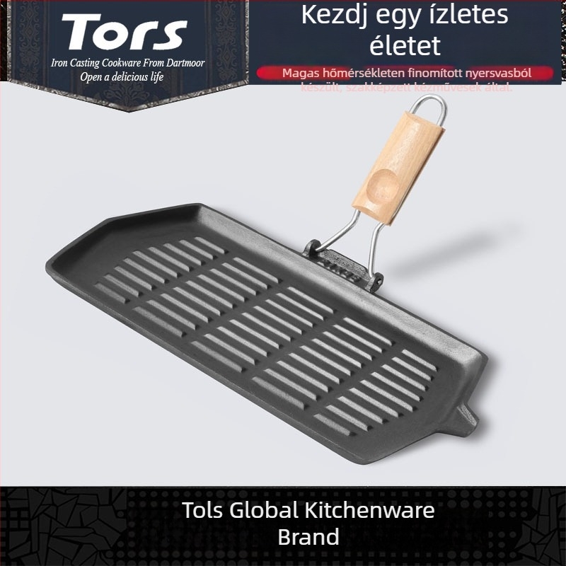 Tols öntöttvas steak serpenyő fa nyéllel, négyzet alakú, összehajtható, hordozható, bevonat nélküli