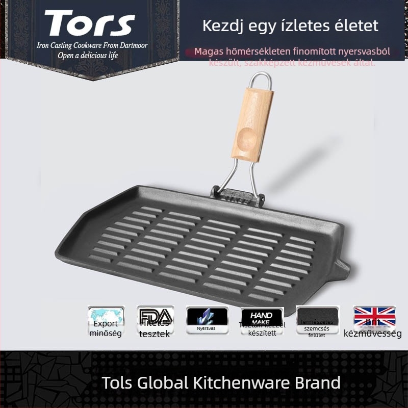 Tols öntöttvas steak serpenyő fa nyéllel, négyzet alakú, összehajtható, hordozható, bevonat nélküli