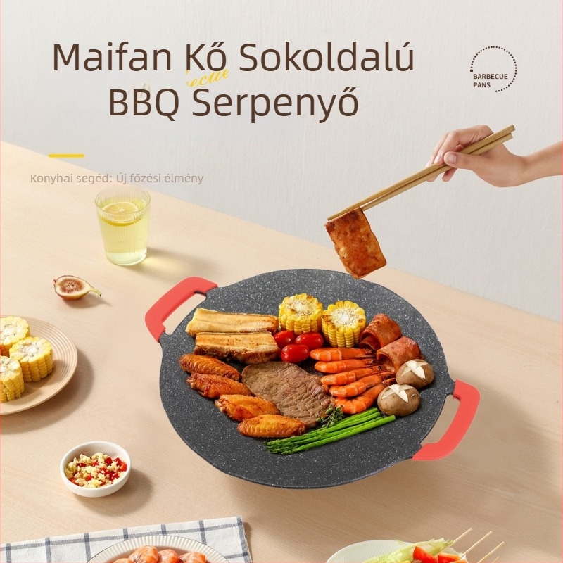 Kerek alumíniumból készült tapadásmentes grill serpenyő, hordozható és multifunkcionális