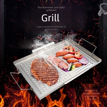 430 rozsdamentes acél BBQ serpenyő készlet: négyzet alakú, vastagított tapadásmentes serpenyő sütéshez, grillkanál és kosár