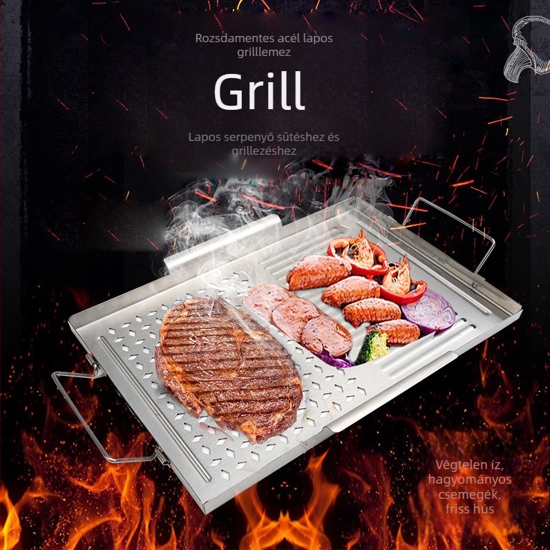 430 rozsdamentes acél BBQ serpenyő készlet: négyzet alakú, vastagított tapadásmentes serpenyő sütéshez, grillkanál és kosár