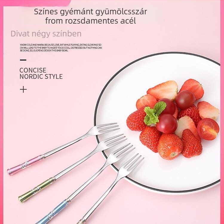 304 rozsdamentes acélból készült gyümölcs villa, kreatív stílus, virágos mintázat, logó nyomtatva, textilkerékkel polírozva