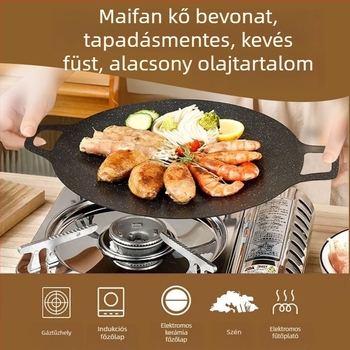 Maifan kő grill serpenyő otthoni és kereskedelmi használatra, tapadásmentes vasból, kör alakú, koreai stílusú kültéri Teppanyaki grill