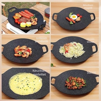 Maifan kő grill serpenyő otthoni és kereskedelmi használatra, tapadásmentes vasból, kör alakú, koreai stílusú kültéri Teppanyaki grill