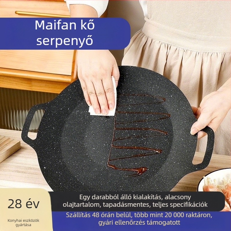 Maifan kő grill serpenyő otthoni és kereskedelmi használatra, tapadásmentes vasból, kör alakú, koreai stílusú kültéri Teppanyaki grill