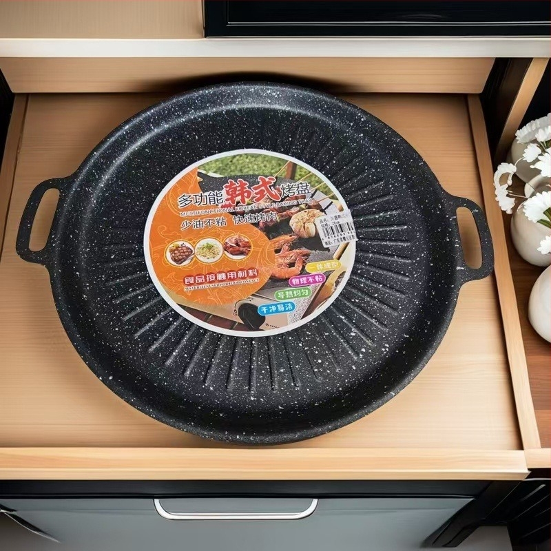 Kültéri koreai BBQ grill tál Maifan-kő kerámia felülettel, tapadásmentes, kör alakú vas tál, 1,5 kg, kompatibilis nyílt lánggal és indukciós főzővel, kemping és kereskedelmi használatra