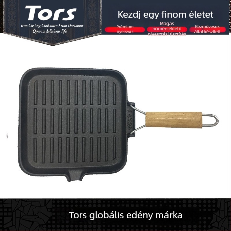 Toles öntöttvas steak serpenyő összecsukható fogantyúval, sík alj, vastított grill- és hal sütéshez, háztartási húsgrill serpenyő, nyugati stílus
