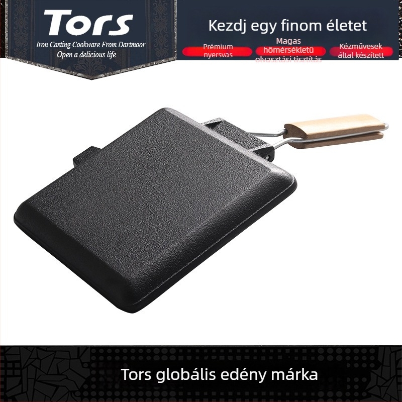 Toles öntöttvas steak serpenyő összecsukható fogantyúval, sík alj, vastított grill- és hal sütéshez, háztartási húsgrill serpenyő, nyugati stílus