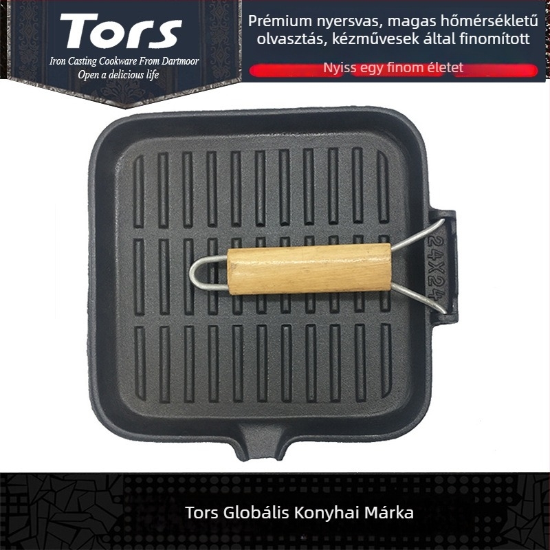Toles öntöttvas steak serpenyő összecsukható fogantyúval, sík alj, vastított grill- és hal sütéshez, háztartási húsgrill serpenyő, nyugati stílus