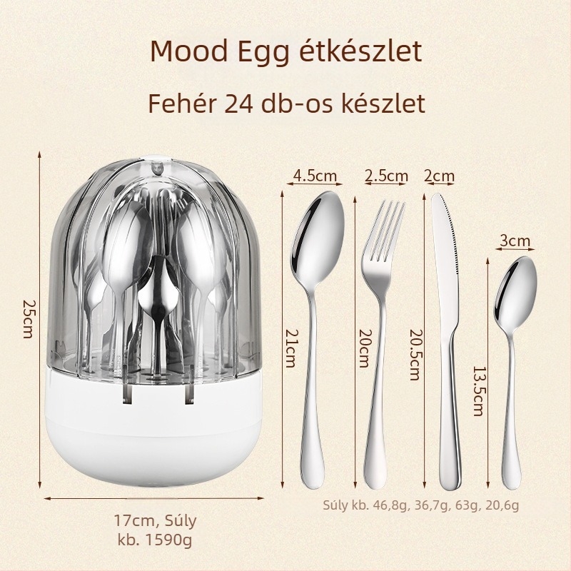 24 darabos tojás alakú rozsdamentes acél étkészlet — kés, villa és kanál, 304 rozsdamentes acél, tükörfényes felület, könnyed lux stílus