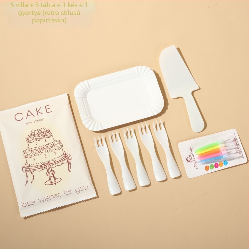 Egyszer használatos papírtorta-evőeszköz-készlet – kés, villa, kanál, téglalap alakú tálca – karikatúra stílus, 100 készlet