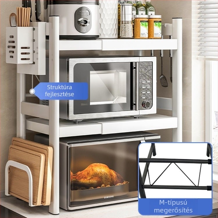 Konyhai mikrohullámú sütő tároló állvány, kihúzható, kétszintes, szénacél, modell 65020