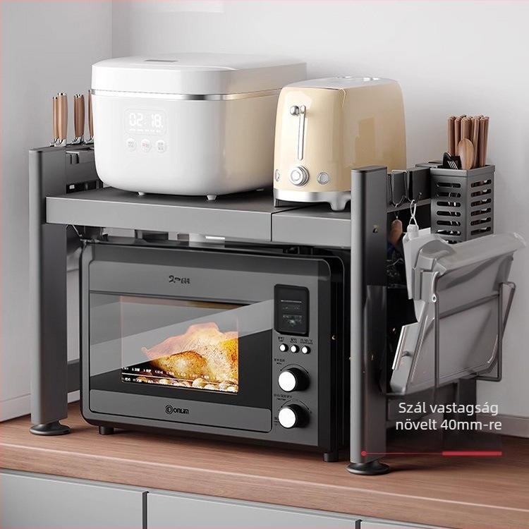 Konyhai mikrohullámú sütő tároló állvány, kihúzható, kétszintes, szénacél, modell 65020