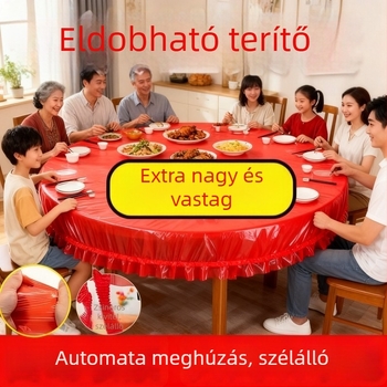 Egyszer használatos asztalterítő elasztikus húzózsinórral, vastagabb, olaj- és vízálló, piros, kör alakú, újév és esküvőkre, nem igényel mosást