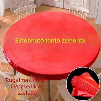 Egyszer használatos asztalterítő elasztikus húzózsinórral, vastagabb, olaj- és vízálló, piros, kör alakú, újév és esküvőkre, nem igényel mosást