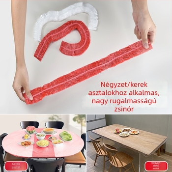 Egyszer használatos asztalterítő elasztikus húzózsinórral, vastagabb, olaj- és vízálló, piros, kör alakú, újév és esküvőkre, nem igényel mosást