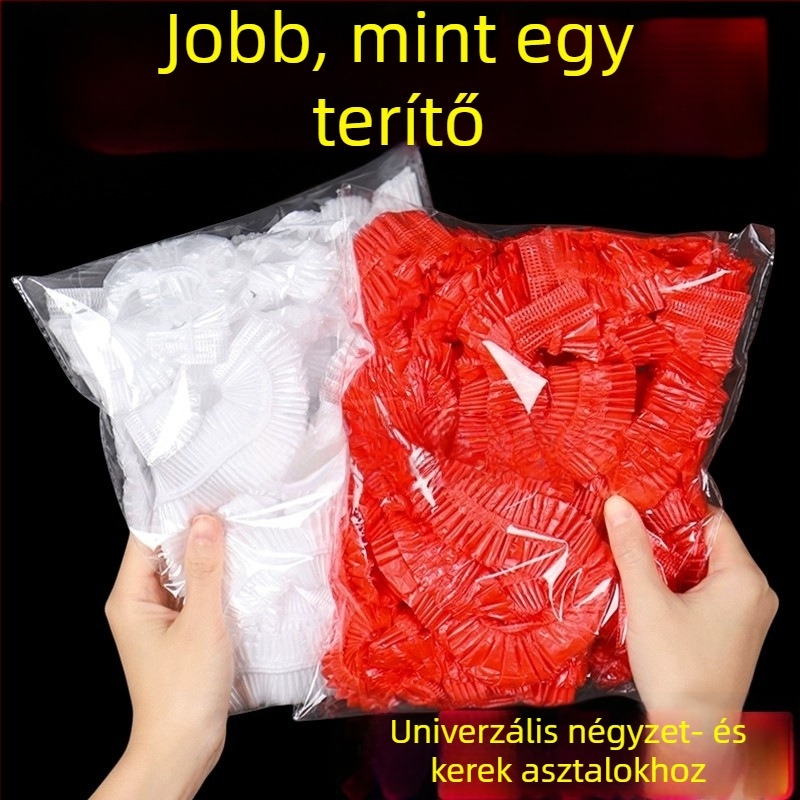Egyszer használatos asztalterítő elasztikus húzózsinórral, vastagabb, olaj- és vízálló, piros, kör alakú, újév és esküvőkre, nem igényel mosást