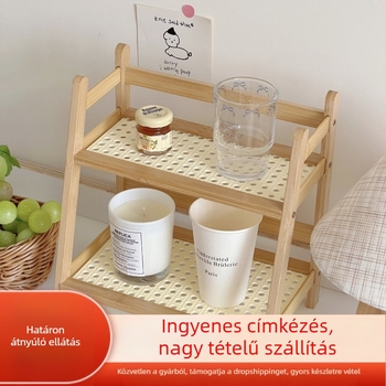 Kétszintes asztali tároló polc, mozgatható, fa/bambusz anyagból