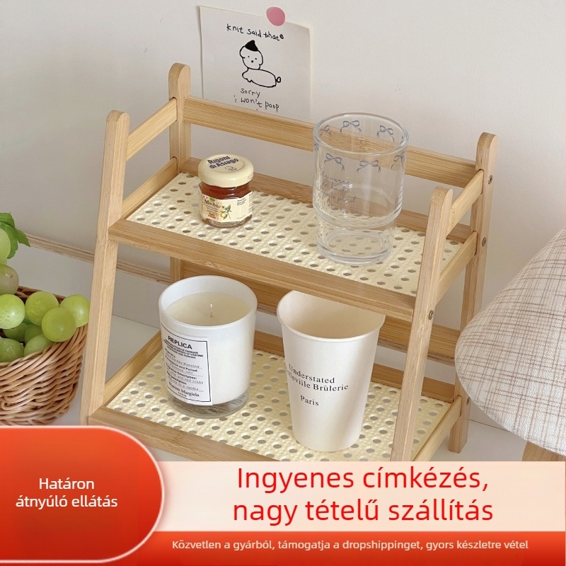 Kétszintes asztali tároló polc, mozgatható, fa/bambusz anyagból