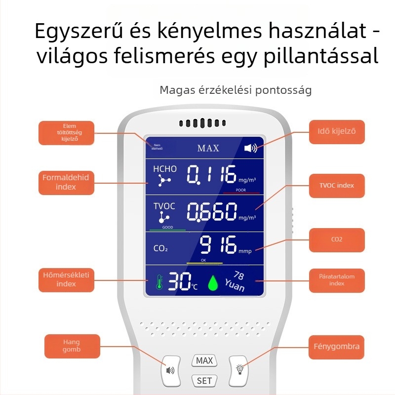 Hordozható infravörös CO2 levegőminőség-detektor formaldehid és szén-dioxid mérésére, belső hőmérséklet-higrométerrel, modell 090, tartomány 0-9.999, pontosság 0,001