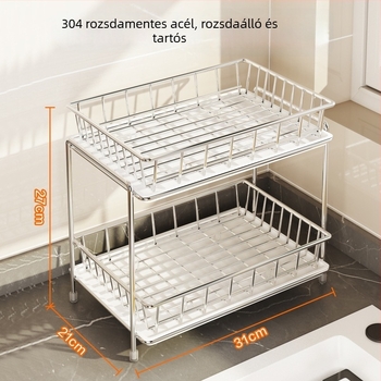Kétszintes rozsdamentes acél pohártartó, asztali pohár- és teás pohár tartó leeresztő tálcával, fúrás nélkül, modern minimalista stílus