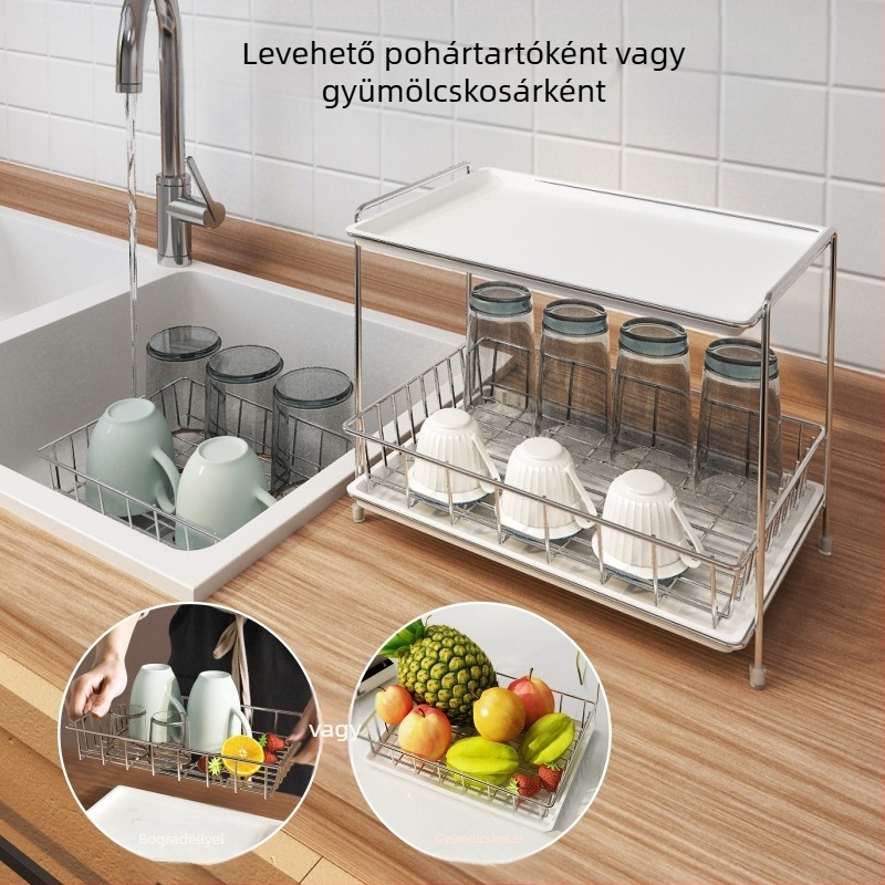 Kétszintes rozsdamentes acél pohártartó, asztali pohár- és teás pohár tartó leeresztő tálcával, fúrás nélkül, modern minimalista stílus