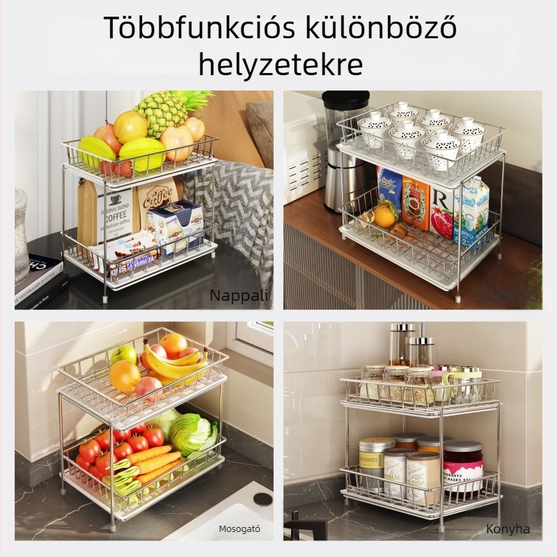 Kétszintes rozsdamentes acél pohártartó, asztali pohár- és teás pohár tartó leeresztő tálcával, fúrás nélkül, modern minimalista stílus