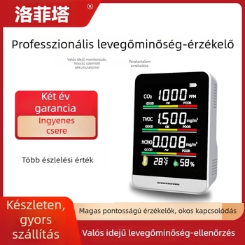 Luffeta 001 Hordozható levegőminőség-detektor CO2, formaldehid, oxigén és a levegő általános minősége, hőmérséklet és páratartalom, 20 m² lefedettség, újratölthető