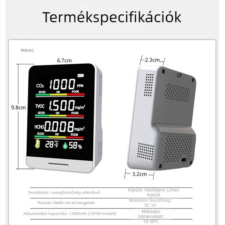 Luffeta 001 Hordozható levegőminőség-detektor CO2, formaldehid, oxigén és a levegő általános minősége, hőmérséklet és páratartalom, 20 m² lefedettség, újratölthető