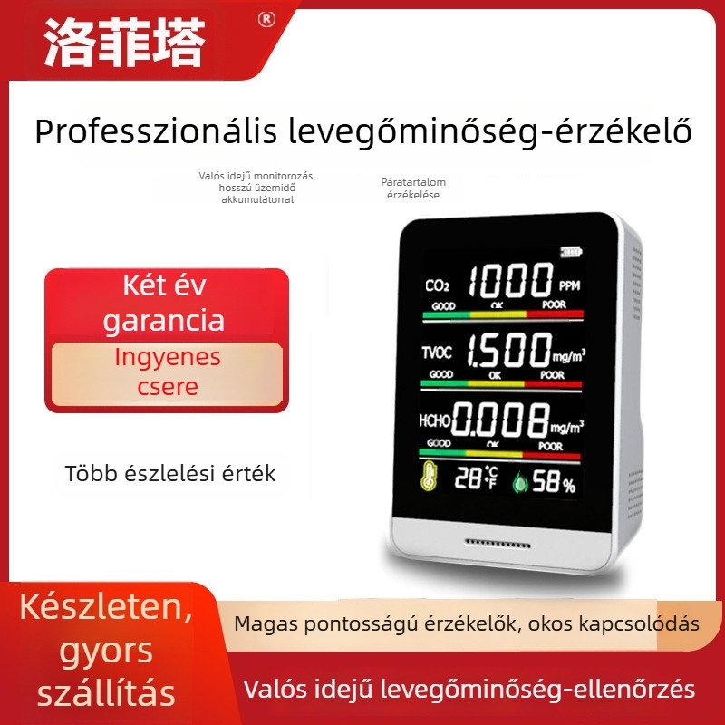 Luffeta 001 Hordozható levegőminőség-detektor CO2, formaldehid, oxigén és a levegő általános minősége, hőmérséklet és páratartalom, 20 m² lefedettség, újratölthető