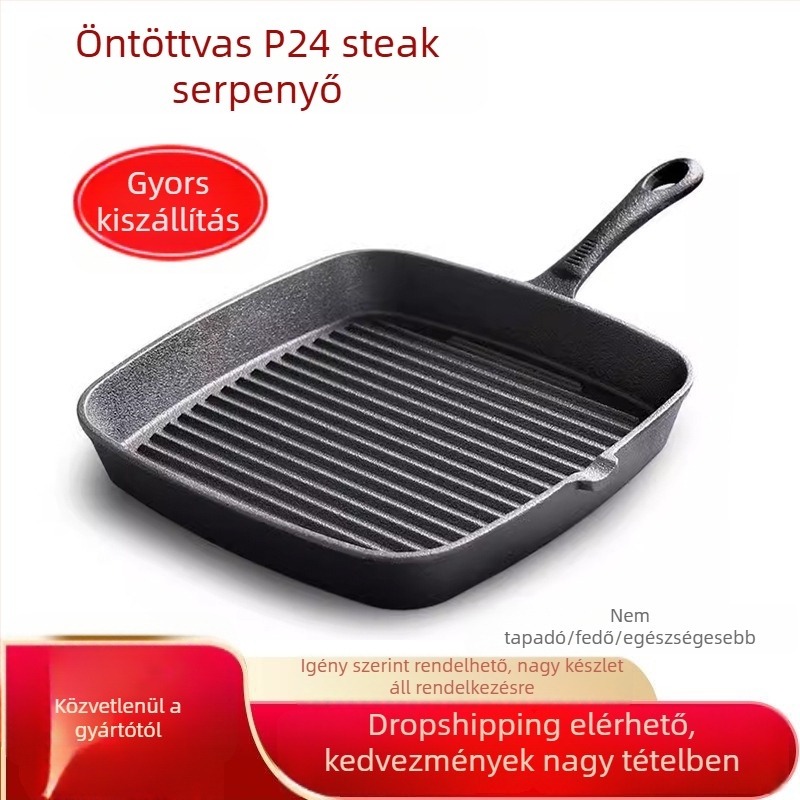 Öntöttvas steak serpenyő bordázott felülettel, sík aljzattal, tapadásmentes, indukciós kompatibilis
