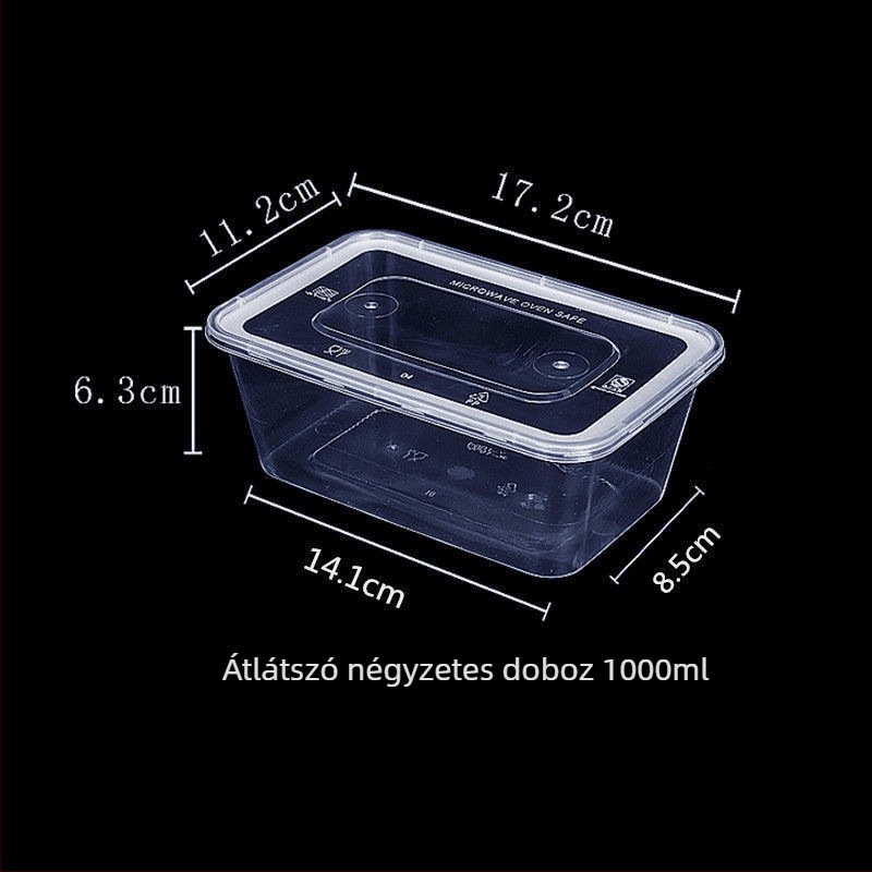 Egyszer használatos téglalap alakú ételhordó, áttetsző megerősített műanyagból, mikrohullámú sütőben használható, házhozszállításhoz