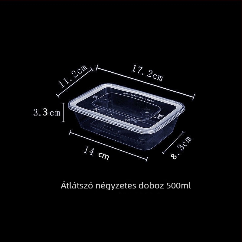 Egyszer használatos téglalap alakú ételhordó, áttetsző megerősített műanyagból, mikrohullámú sütőben használható, házhozszállításhoz