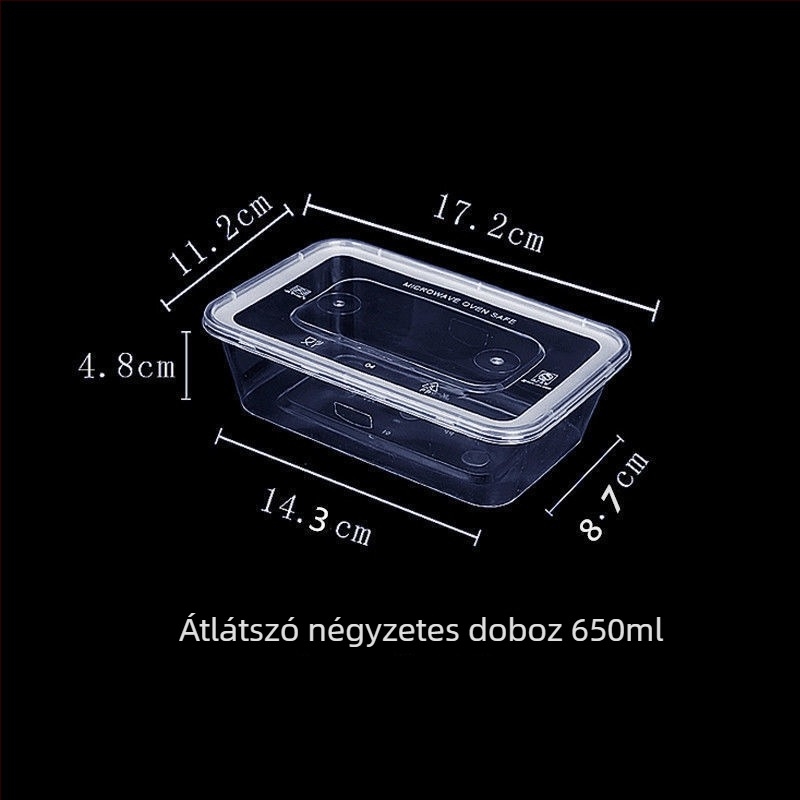 Egyszer használatos téglalap alakú ételhordó, áttetsző megerősített műanyagból, mikrohullámú sütőben használható, házhozszállításhoz