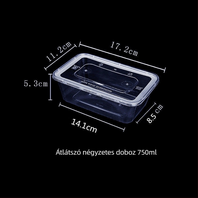 Egyszer használatos téglalap alakú ételhordó, áttetsző megerősített műanyagból, mikrohullámú sütőben használható, házhozszállításhoz