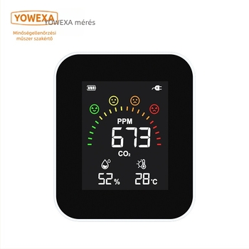 YOWEXA YEM-42 CO2-infravörös detektor, beltéri levegőminőség monitor, 3–in–1 hőmérséklet és páratartalom, 400–10000 ppm, felbontás 1 ppm, pontosság ±3%, USB/3x AAA/Li-ion töltés