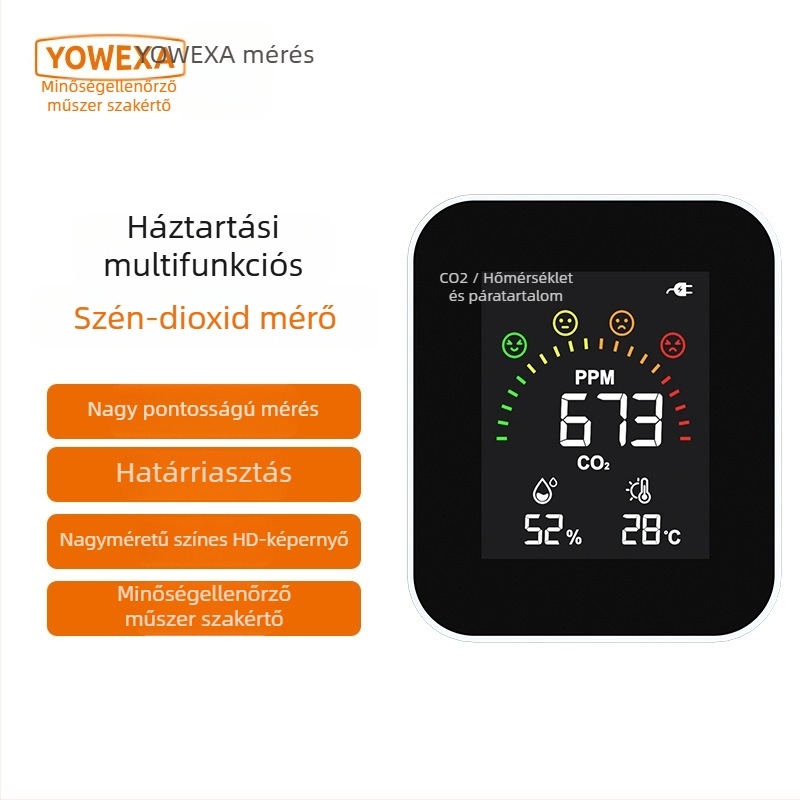 YOWEXA YEM-42 CO2-infravörös detektor, beltéri levegőminőség monitor, 3–in–1 hőmérséklet és páratartalom, 400–10000 ppm, felbontás 1 ppm, pontosság ±3%, USB/3x AAA/Li-ion töltés