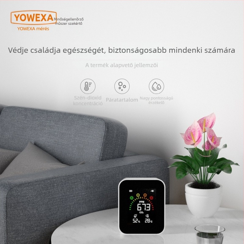 YOWEXA YEM-42 CO2-infravörös detektor, beltéri levegőminőség monitor, 3–in–1 hőmérséklet és páratartalom, 400–10000 ppm, felbontás 1 ppm, pontosság ±3%, USB/3x AAA/Li-ion töltés