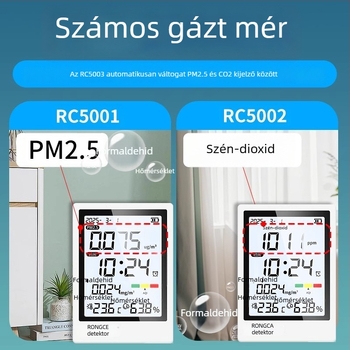 All-in-One beltéri levegőminőség-detektor: PM2.5, CO2, formaldehid, hőmérséklet és páratartalom; mérési tartomány 0-5 mg/m³; felbontás 0,01; pontosság 0,02; Type-C tápegység