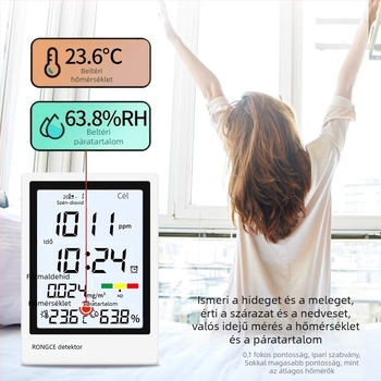 All-in-One beltéri levegőminőség-detektor: PM2.5, CO2, formaldehid, hőmérséklet és páratartalom; mérési tartomány 0-5 mg/m³; felbontás 0,01; pontosság 0,02; Type-C tápegység