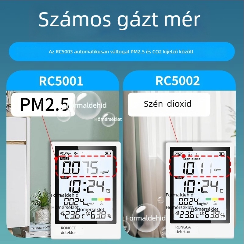 All-in-One beltéri levegőminőség-detektor: PM2.5, CO2, formaldehid, hőmérséklet és páratartalom; mérési tartomány 0-5 mg/m³; felbontás 0,01; pontosság 0,02; Type-C tápegység