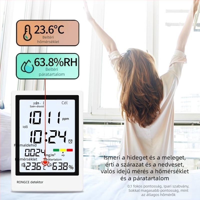 All-in-One beltéri levegőminőség-detektor: PM2.5, CO2, formaldehid, hőmérséklet és páratartalom; mérési tartomány 0-5 mg/m³; felbontás 0,01; pontosság 0,02; Type-C tápegység