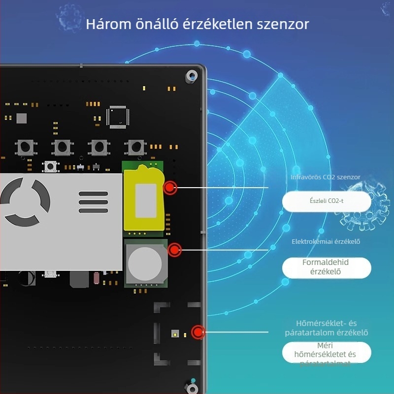 All-in-One beltéri levegőminőség-detektor: PM2.5, CO2, formaldehid, hőmérséklet és páratartalom; mérési tartomány 0-5 mg/m³; felbontás 0,01; pontosság 0,02; Type-C tápegység