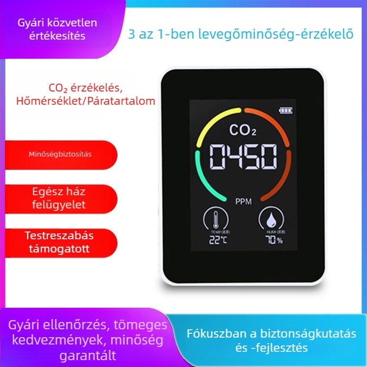 3-in-1 CO2, hőmérséklet és páratartalom monitor otthoni levegőminőséghez