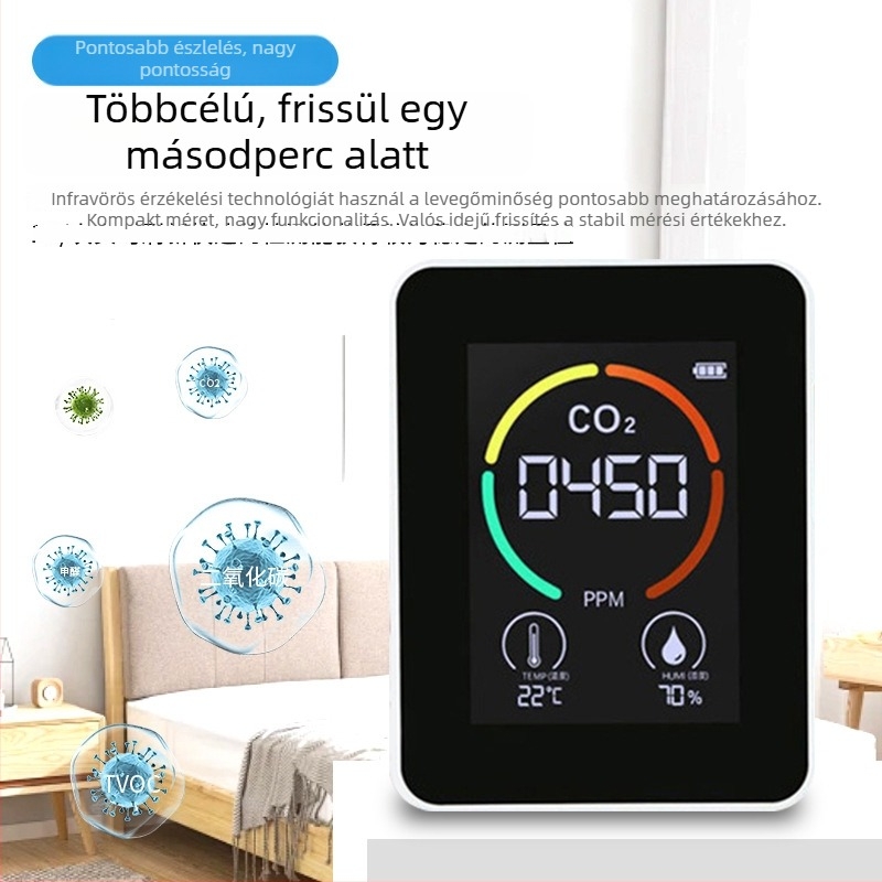 3-in-1 CO2, hőmérséklet és páratartalom monitor otthoni levegőminőséghez