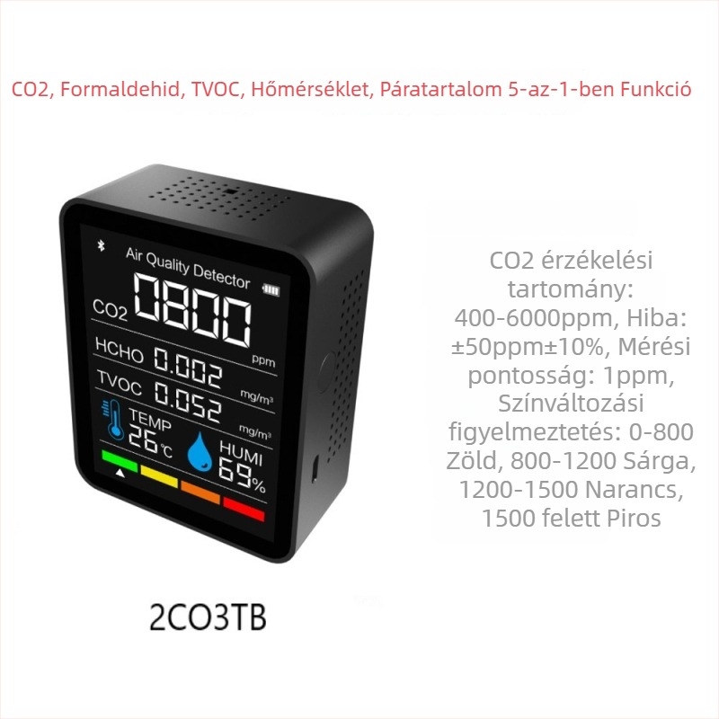 2CO3TB Bluetooth alkalmazás CO2 és TVOC levegőminősítő detektor, hőmérséklet és páratartalom mérése, 60 nap