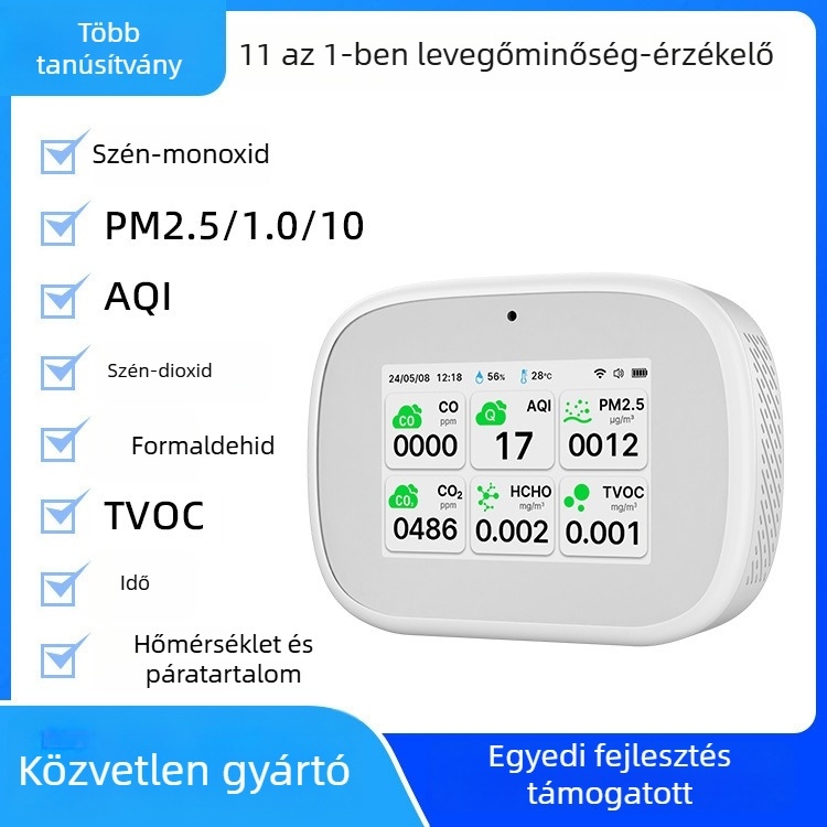 11-in-1 levegőminőség-detektor infravörös szenzorral PM2.5, CO, CO2, TVOC és formaldehid mérésére