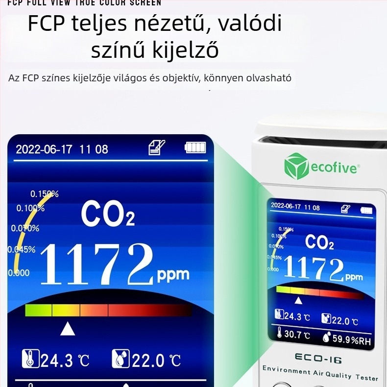 ECO-16 CO2-detektor hőmérséklet- és páratartam-regisztrátorral, beltéri levegőminőségért és CO2-koncentráció-riasztóért