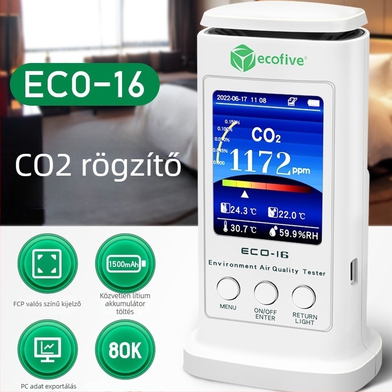 ECO-16 CO2-detektor hőmérséklet- és páratartam-regisztrátorral, beltéri levegőminőségért és CO2-koncentráció-riasztóért