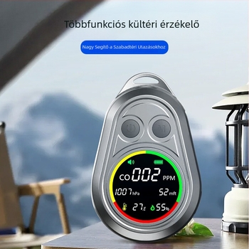 Hordozható elektrokémiai szén-monoxid detektor beépített riasztással, szabadban történő kempingezéshez; megméri a légköri nyomást, magasságot, hőmérsékletet és páratartalmat.